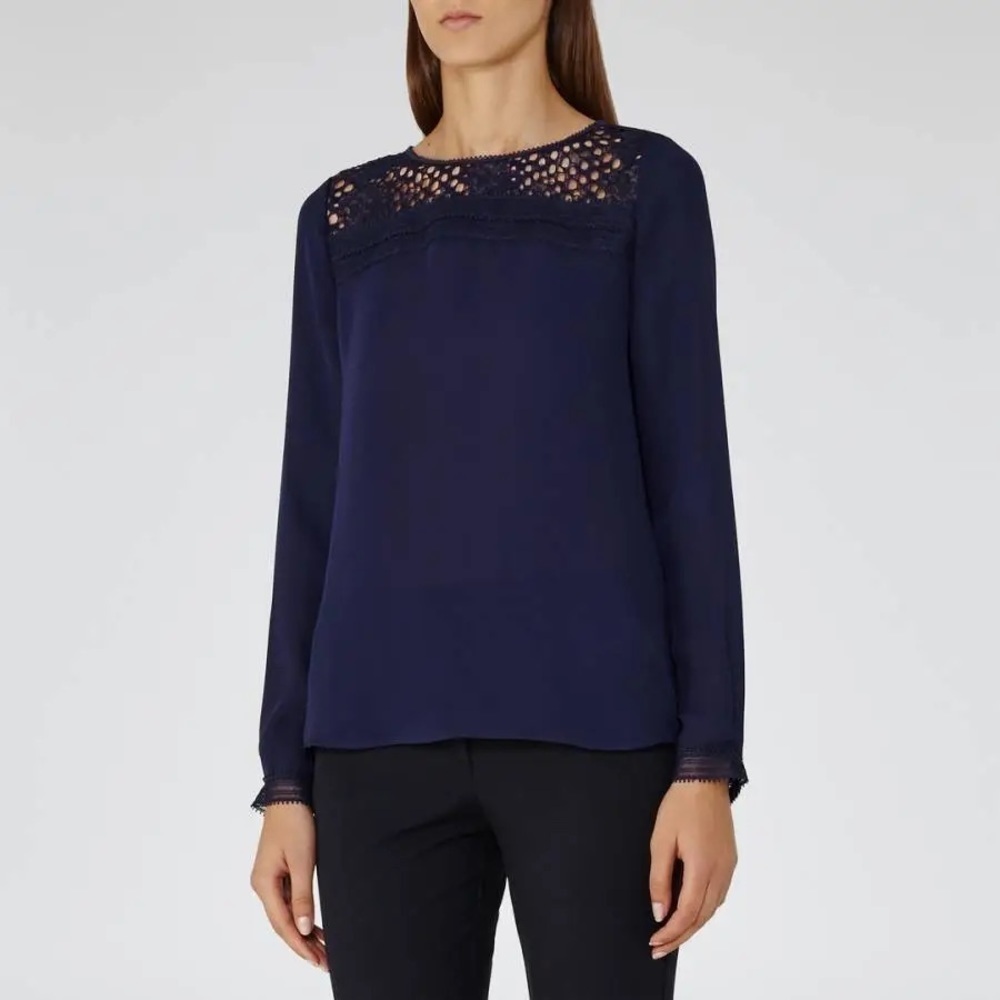 Reiss Navy Blue Tilly Long Sleeve Round Neck Lace Top US size 8